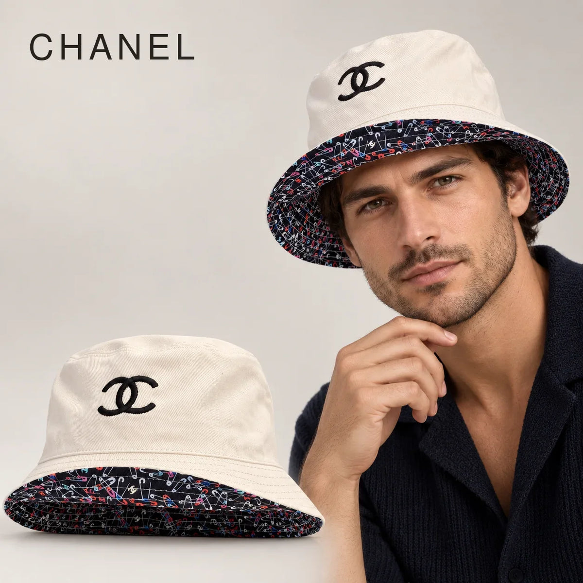 Chanel Embroidered Reversible Bucket Hat worn by an adult model, with matching hat close-up