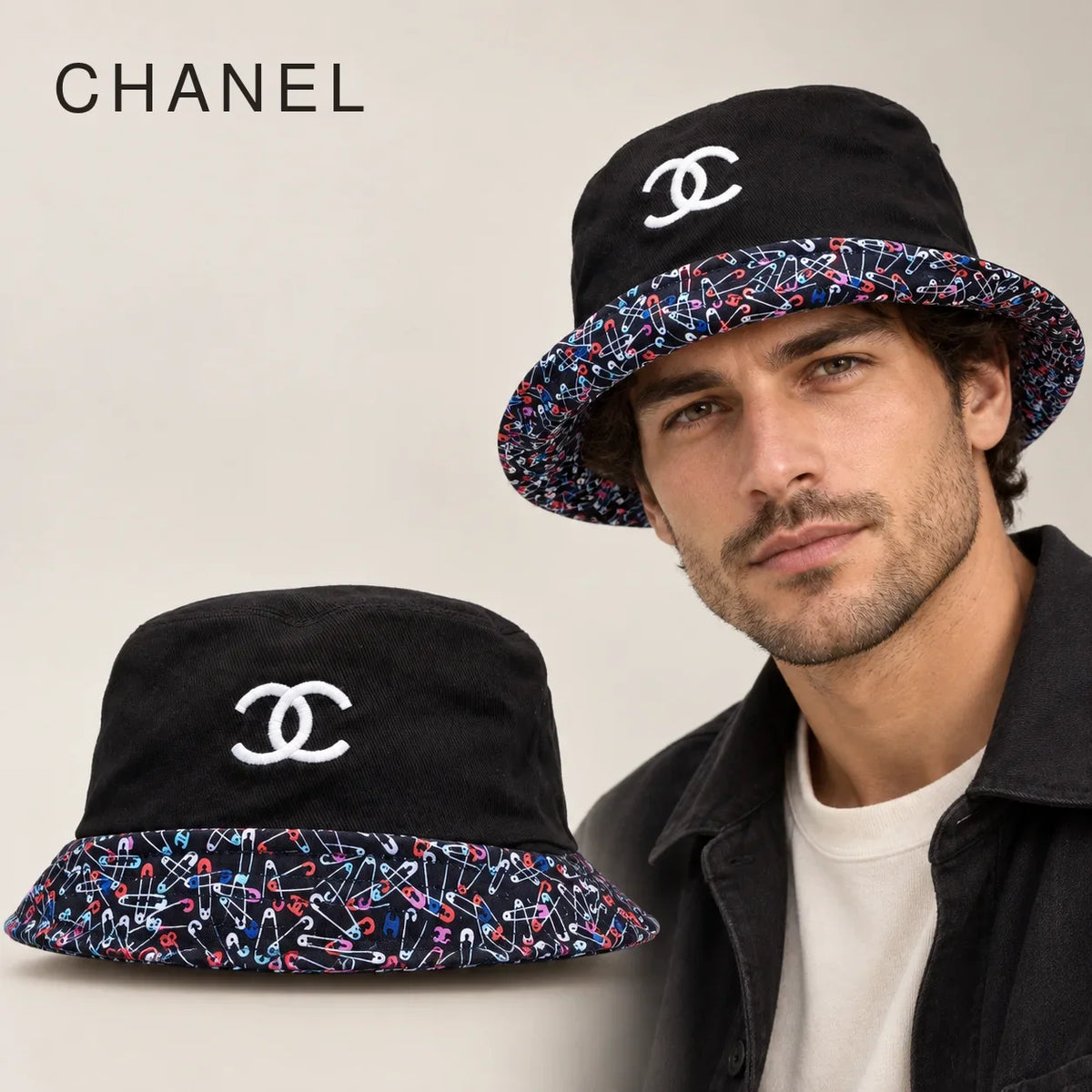 Chanel Embroidered Reversible Bucket Hat worn by an adult model, with matching hat close-up