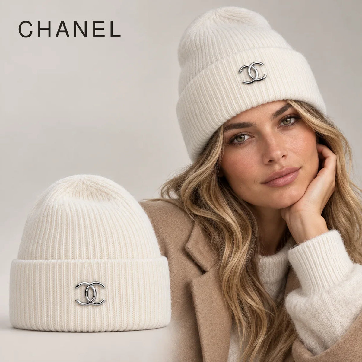 Chanel Knit Beanie worn by an adult model, with matching hat close-up