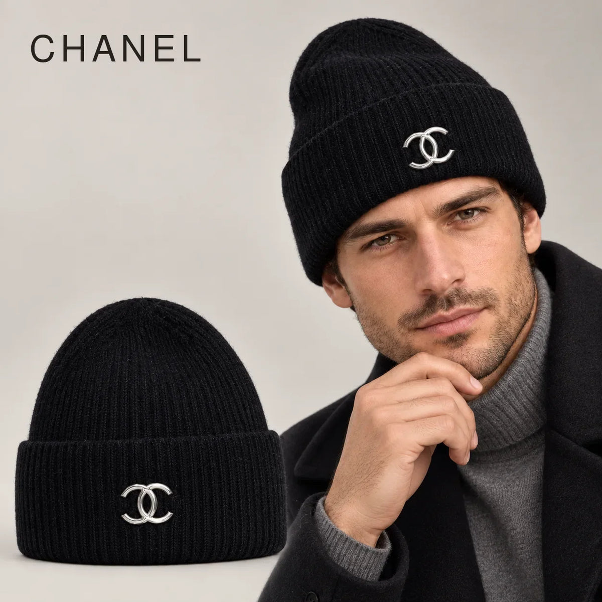 Chanel Knit Beanie worn by an adult model, with matching hat close-up