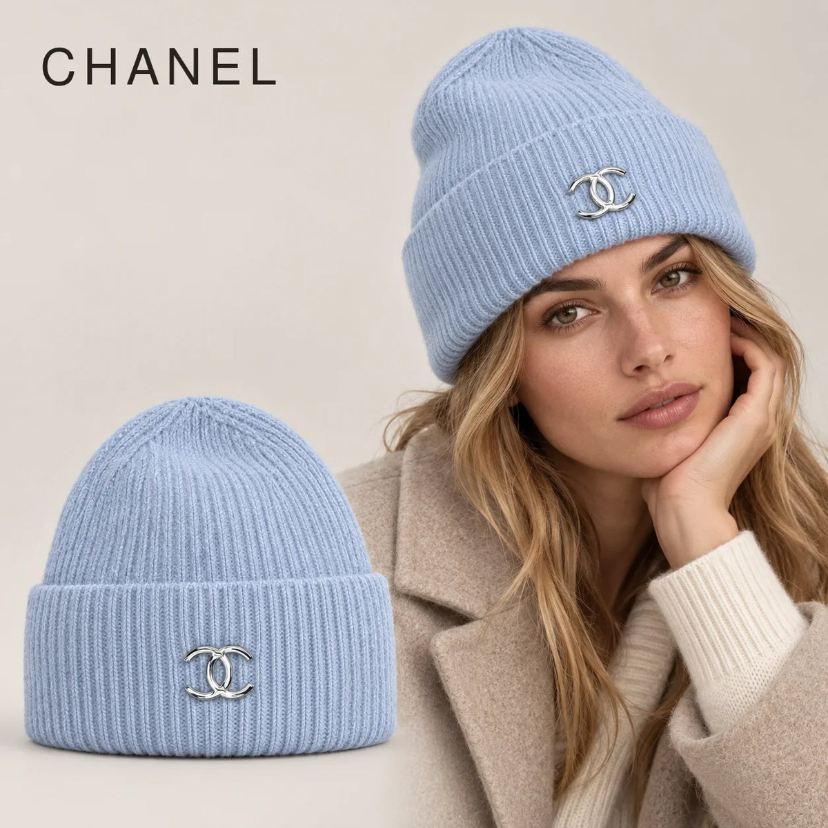 Chanel Knit Beanie worn by an adult model, with matching hat close-up