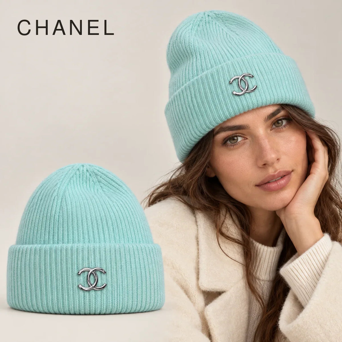 Chanel Knit Beanie worn by an adult model, with matching hat close-up