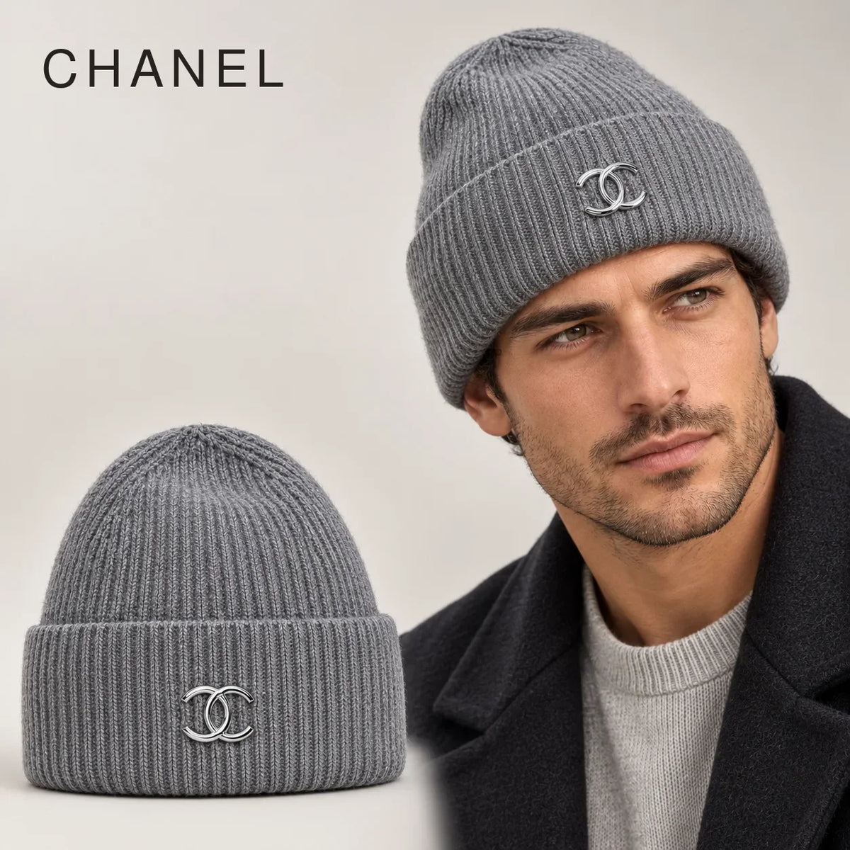 Chanel Knit Beanie worn by an adult model, with matching hat close-up