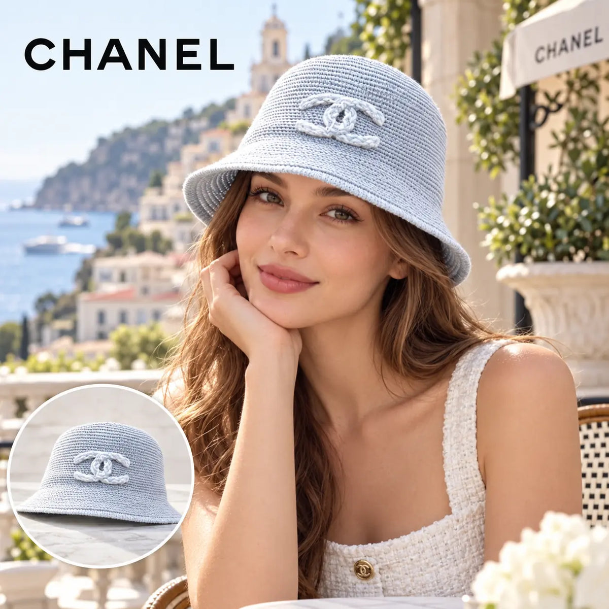 Chanel Knit Bucket Hat worn by a model