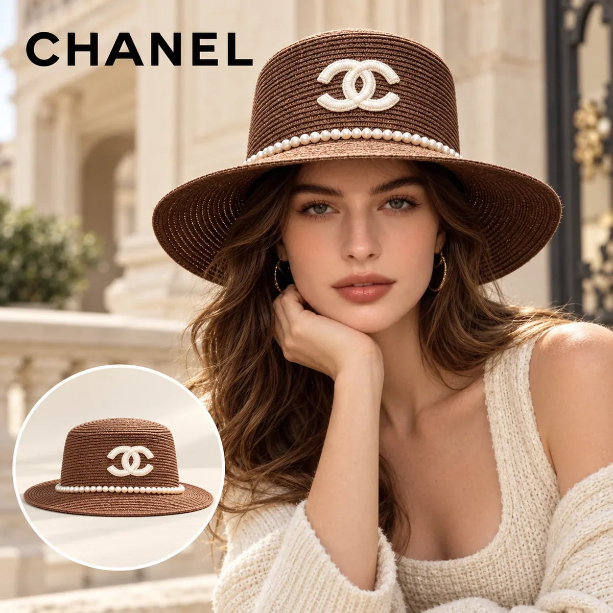 Chanel Chanel Woven Hat worn by a Western model with product detail inset