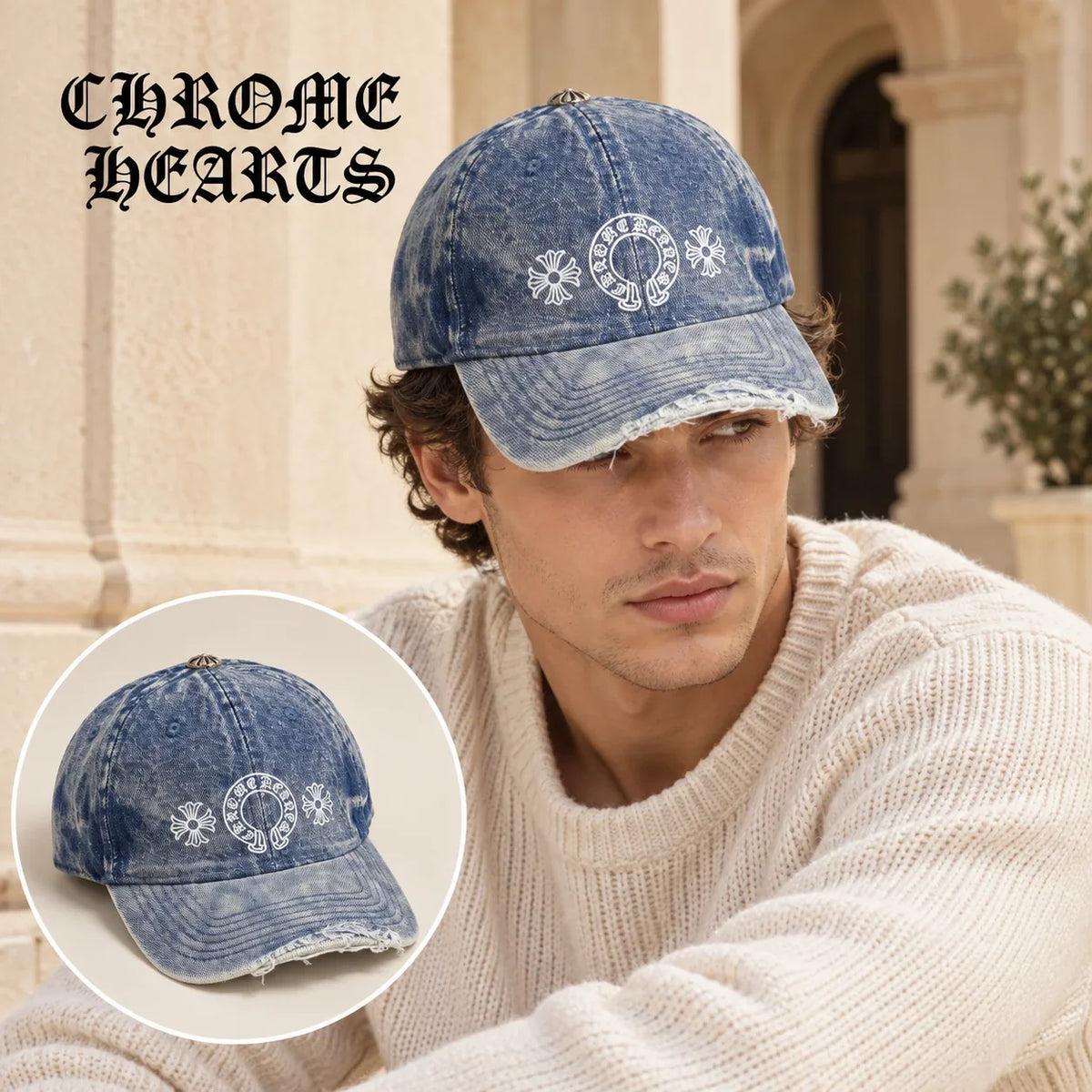 Chrome Hearts Chrome Hearts Baseball Cap worn by a Western model with product detail inset