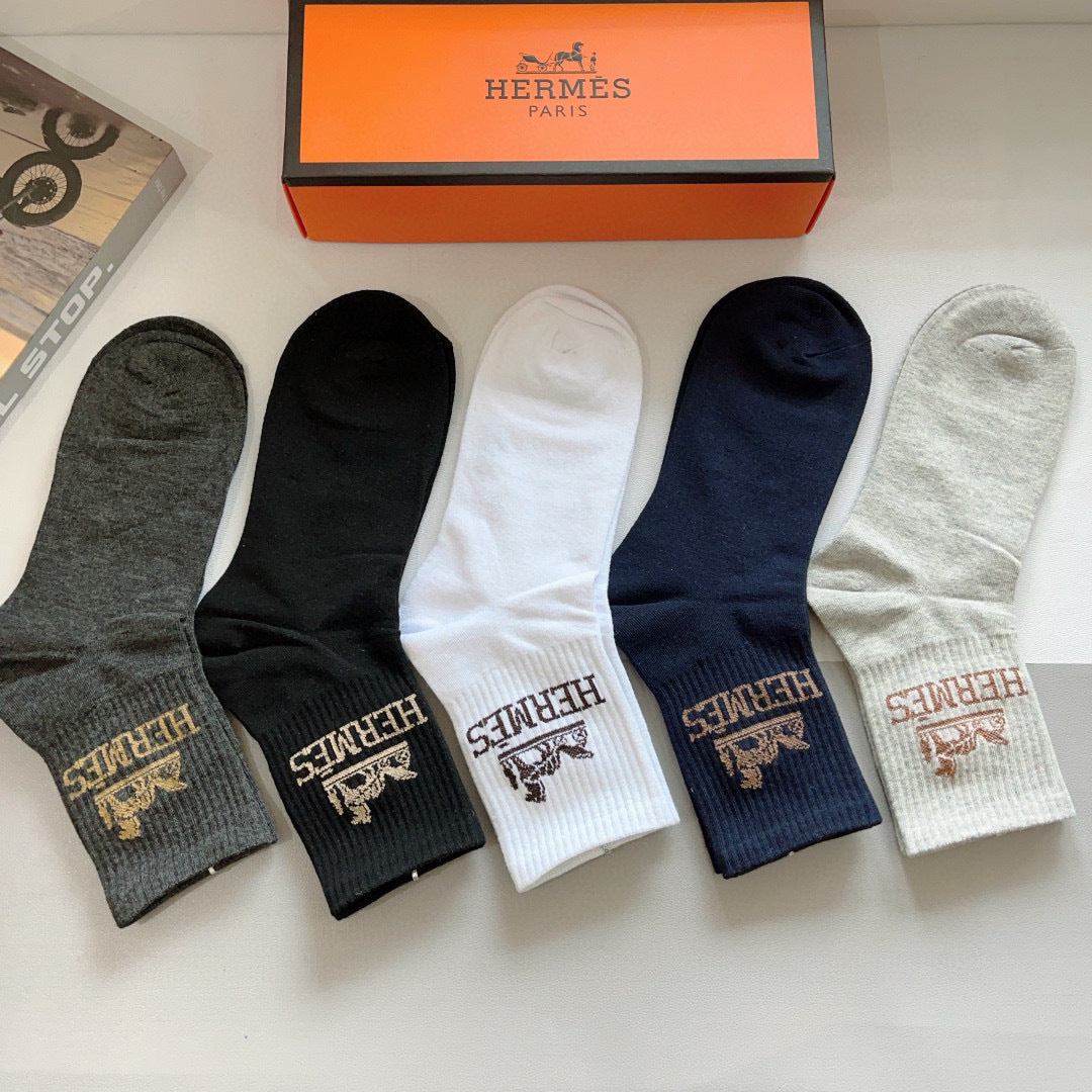 Hermès Black White Grey Mixed Brand Lettering Crew Socks, image 4