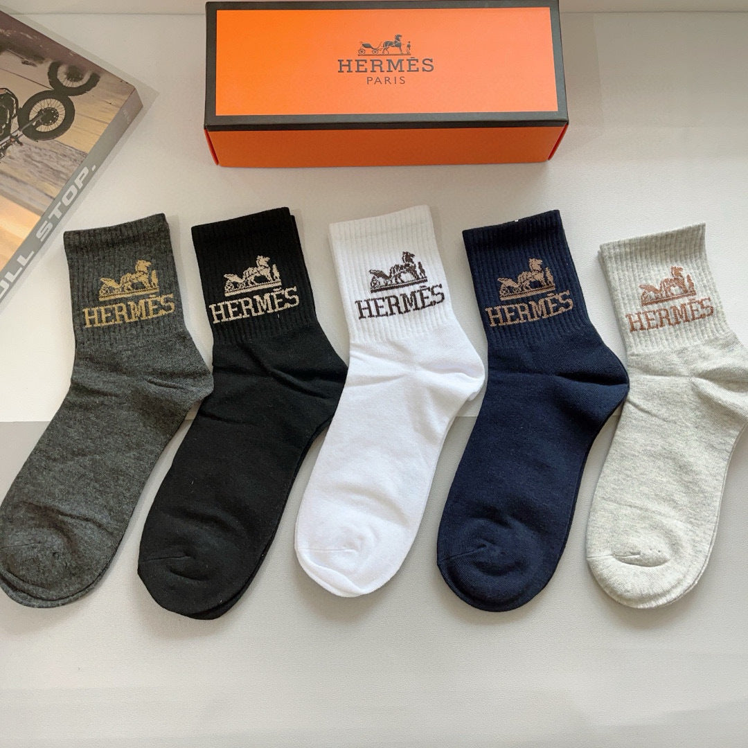 Hermès Black White Grey Mixed Brand Lettering Crew Socks, image 2