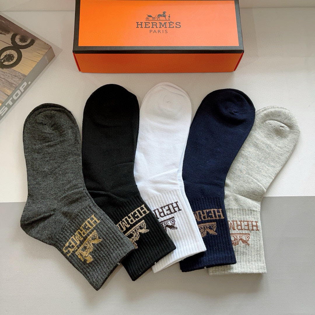 Hermès Black White Grey Mixed Brand Lettering Crew Socks, image 3