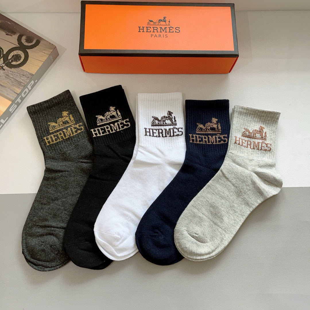 Hermès Black White Grey Mixed Brand Lettering Crew Socks, image 1
