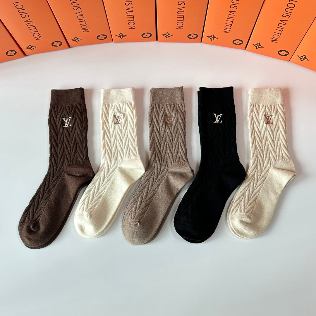 Louis Vuitton Earthy Cream Fine Ribbed Cuffs Crew Socks, image 1