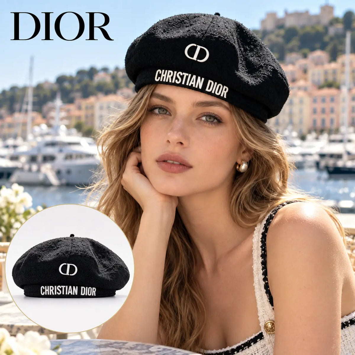 Dior Woven Open Knit Beret worn by a model