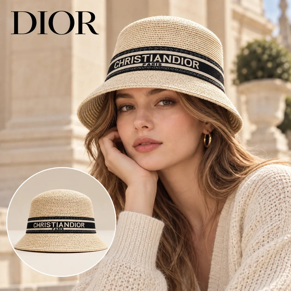 Dior Dior Woven Open Knit Bucket Hat worn by a Western model with product detail inset