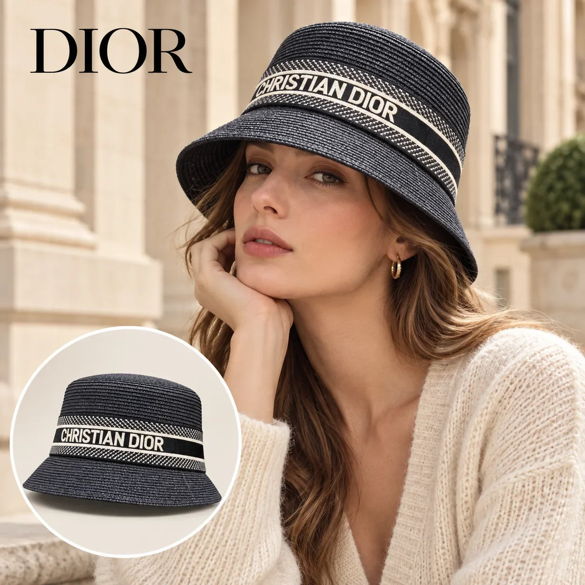 Dior Dior Woven Open Knit Bucket Hat worn by a Western model with product detail inset