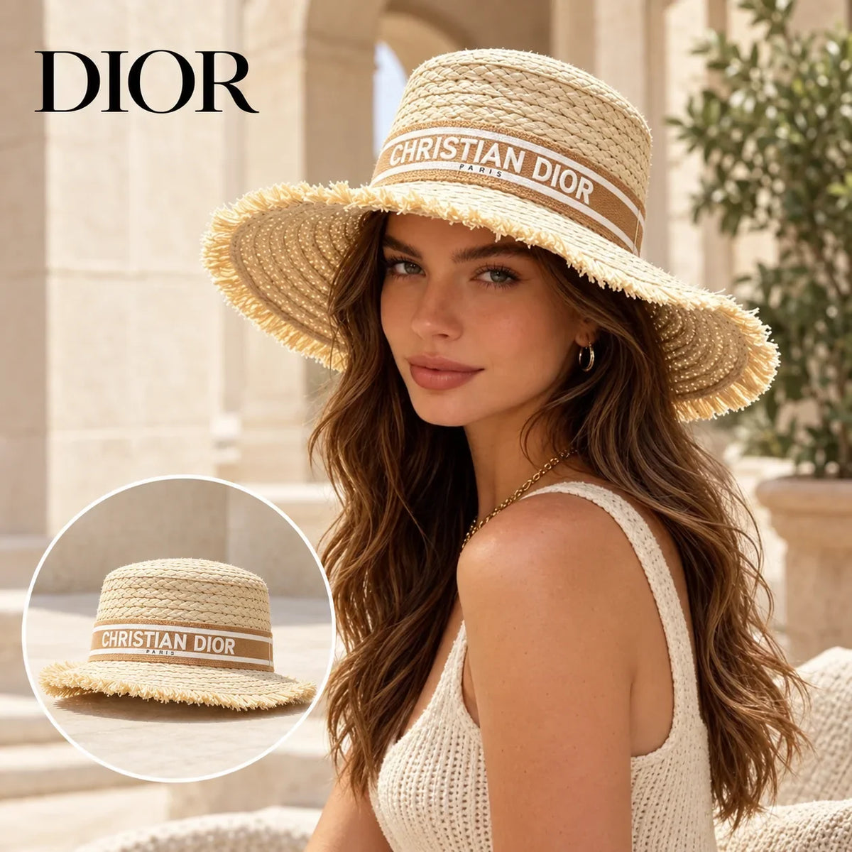 Dior Dior Woven Open Knit Hat worn by a Western model with product detail inset