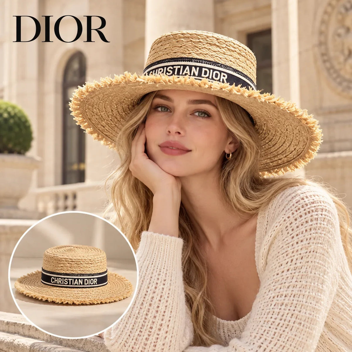 Dior Dior Woven Open Knit Hat worn by a Western model with product detail inset