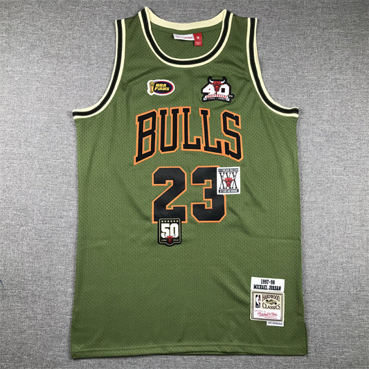 Michael Jordan #23 Chicago Bulls Mitchell & Ness Army Green 1997-98 Multi-Patch Anniversary Hardwood Classics Swingman Jersey