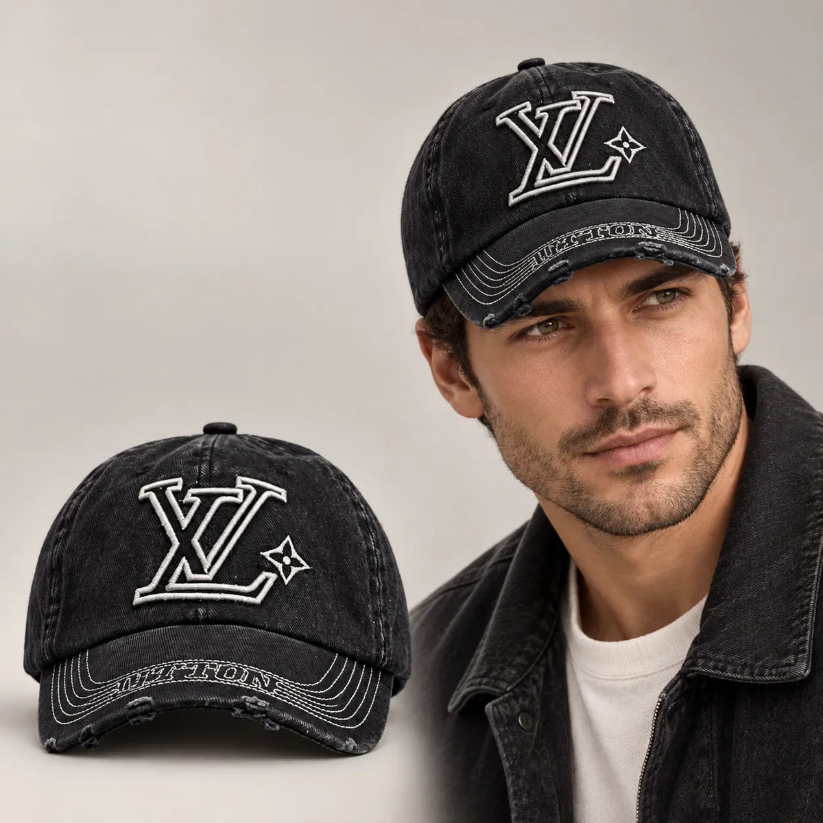 Embroidered Baseball Cap worn by an adult model, with matching hat close-up