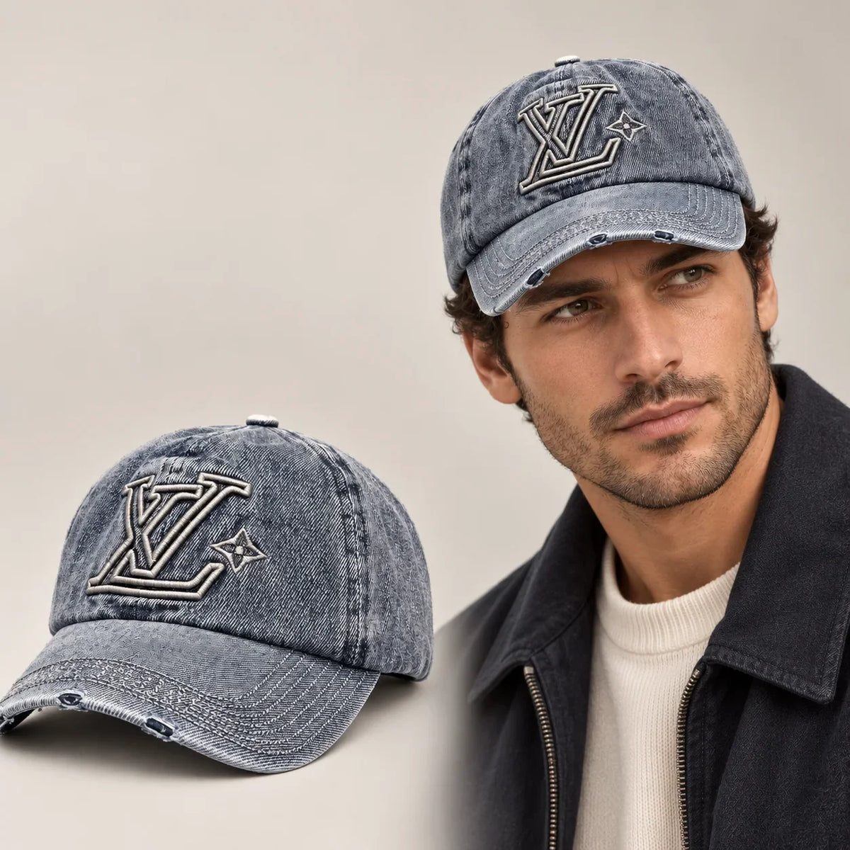 Embroidered Baseball Cap worn by an adult model, with matching hat close-up