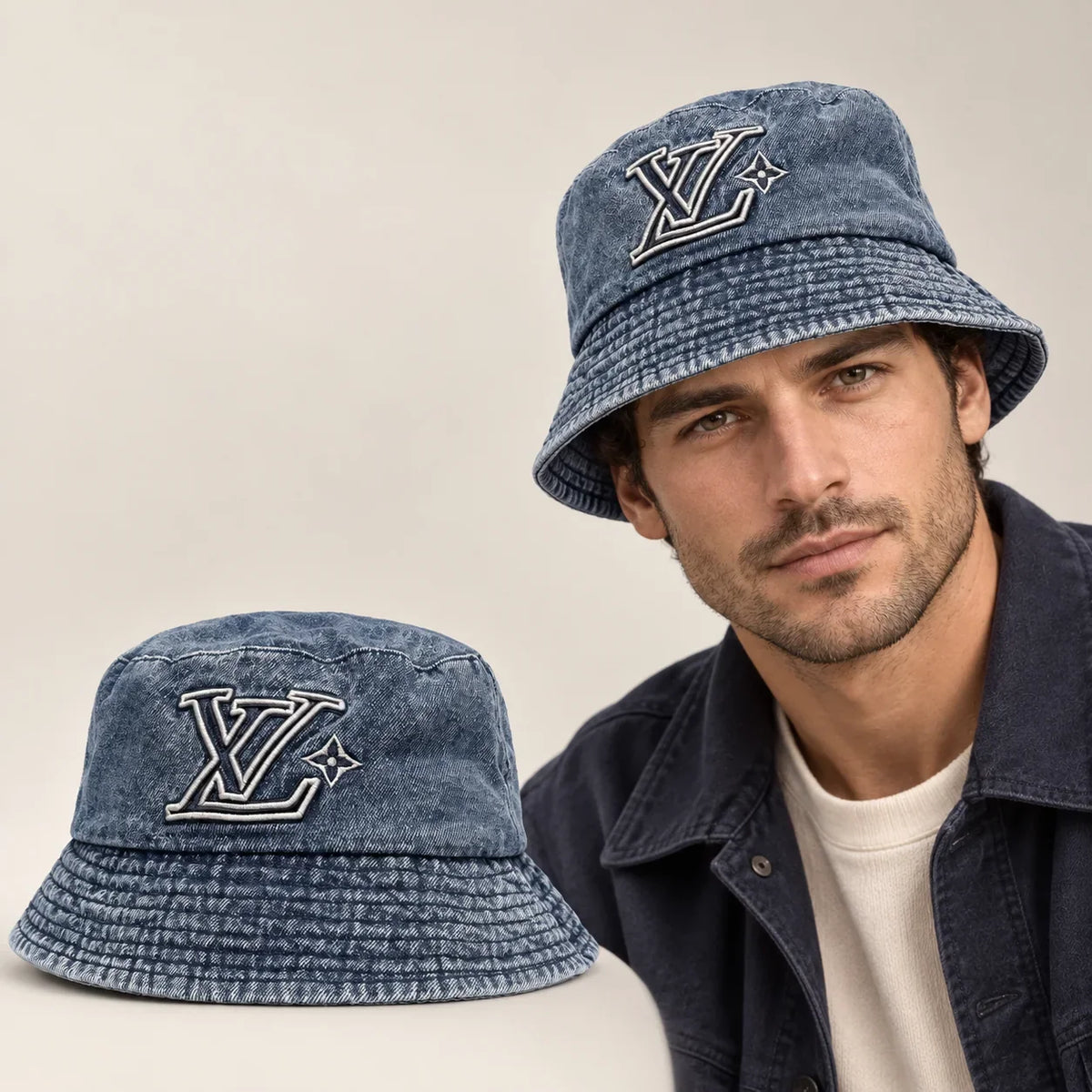 Embroidered Bucket Hat worn by an adult model, with matching hat close-up