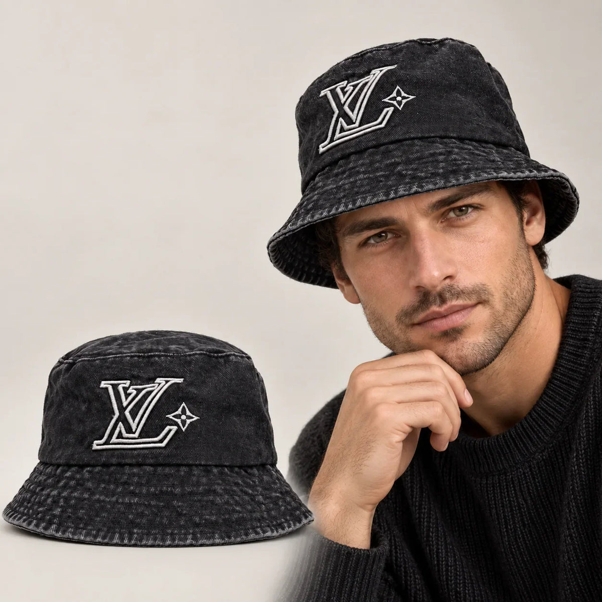 Embroidered Bucket Hat worn by an adult model, with matching hat close-up