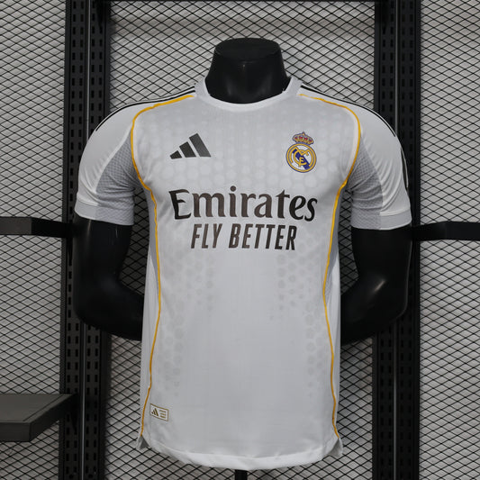 2025/26 Real Madrid Home Player Version Jersey -  White Grey Tonal Diamond Honeycomb Texture - Gold Yellow Side Seam Piping - Emirates Fly Better