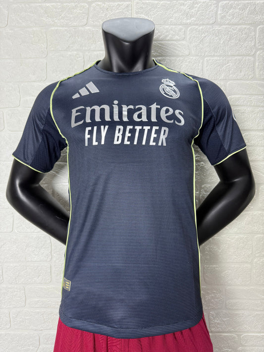 2025/26 Real Madrid Away Player Version Jersey -  Dark Navy Blue Tonal Horizontal Stripe - Neon Yellow Green Piping - Emirates Fly Better