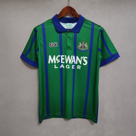 Newcastle United 1994/95 Away Retro Jersey – Green & Blue Stripes | McEwan's Lager | Asics | Toon Army 90s