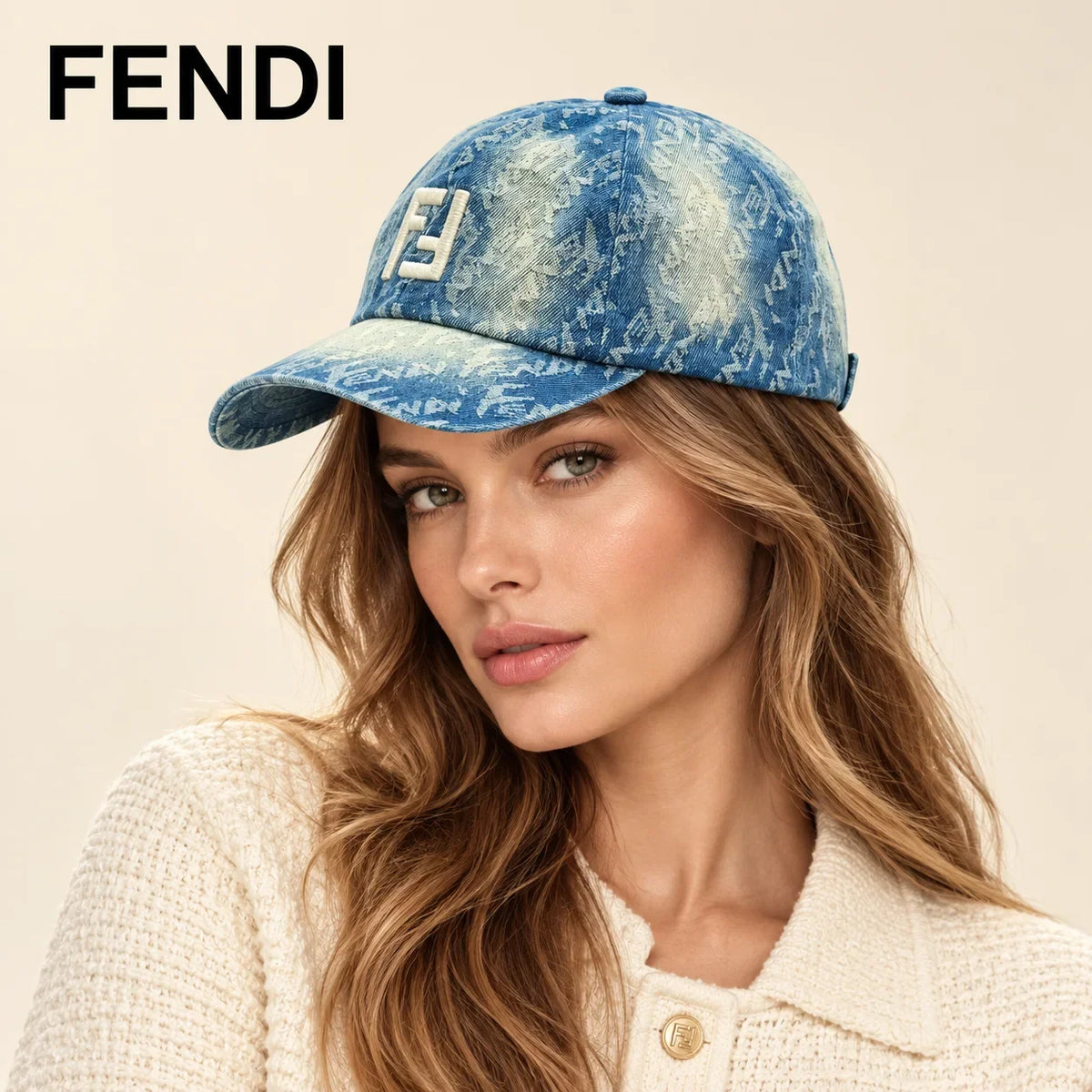 Model wearing fendi baseball cap on head