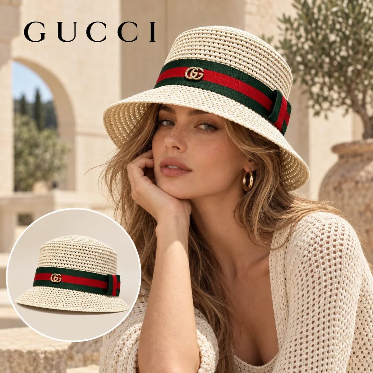 Gucci Gucci Woven Open Knit Bucket Hat worn by a Western model with product detail inset