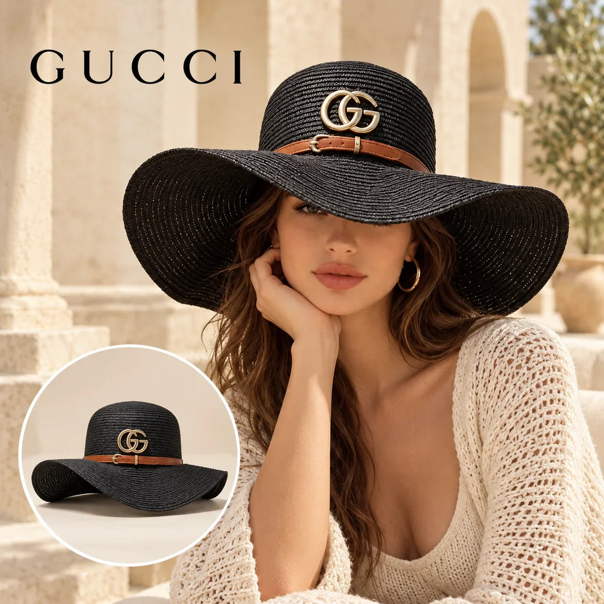 Gucci Gucci Woven Open Knit Hat worn by a Western model with product detail inset