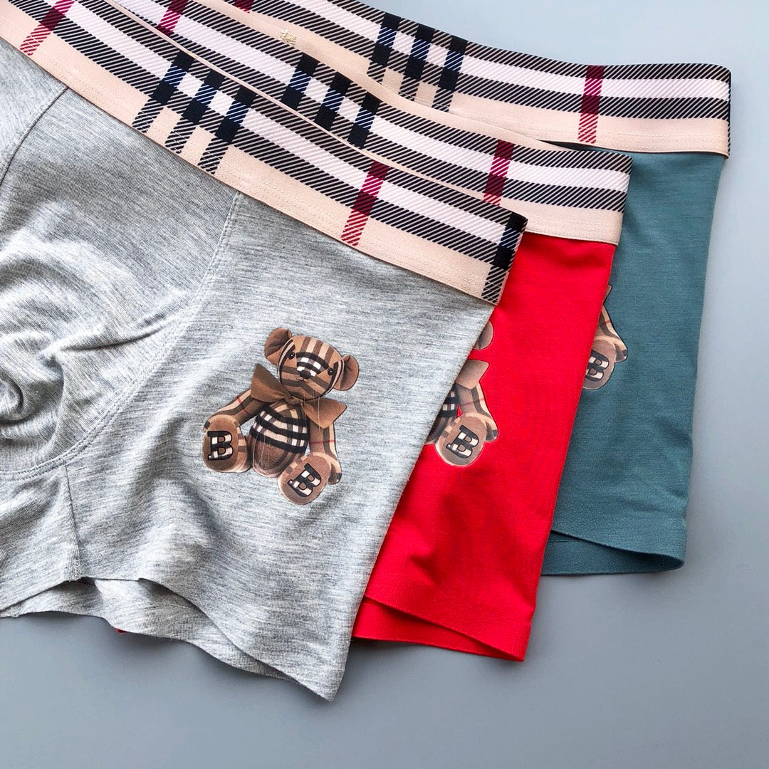 Burberry Grey Red Blue Check Waist Cartoon Bear Boxer Briefs, image 3