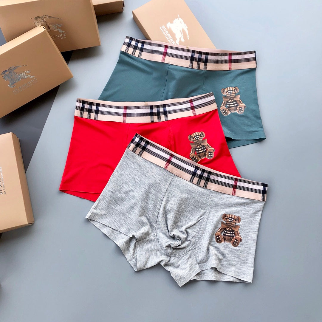 Burberry Grey Red Blue Check Waist Cartoon Bear Boxer Briefs, image 1