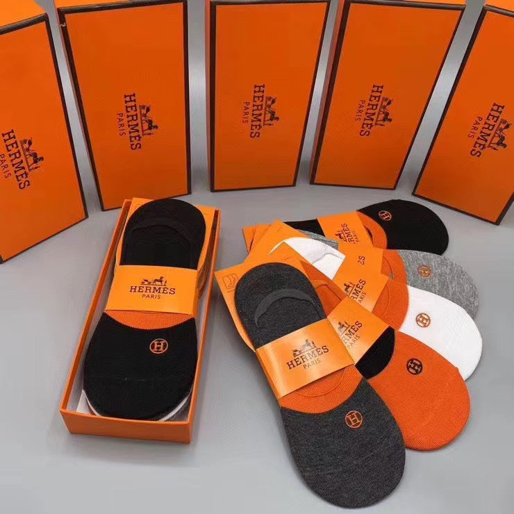 Hermès Orange White Grey Packaged Lettering No-Show Socks, image 4