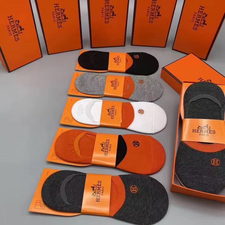Hermès Orange White Grey Packaged Lettering No-Show Socks, image 1