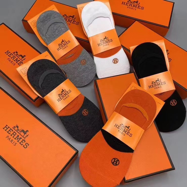 Hermès Orange White Grey Packaged Lettering No-Show Socks, image 3