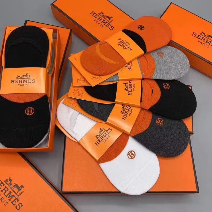 Hermès Orange White Grey Packaged Lettering No-Show Socks, image 2
