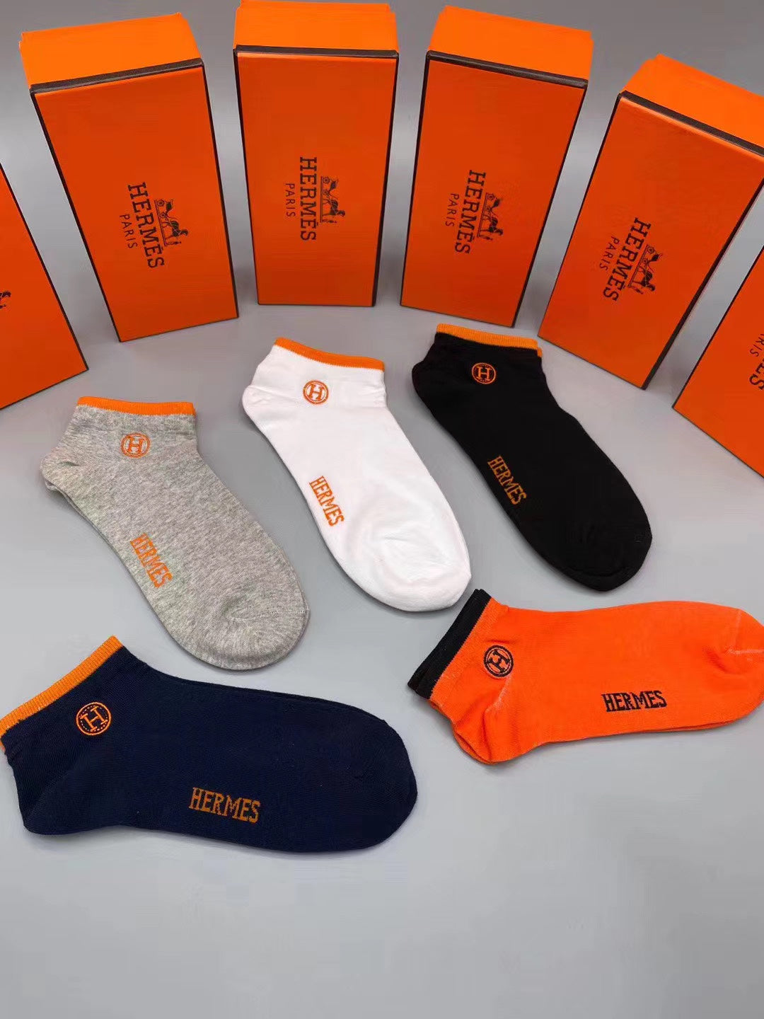 Hermès Orange Navy Grey White Side Mark No-Show Socks, image 3