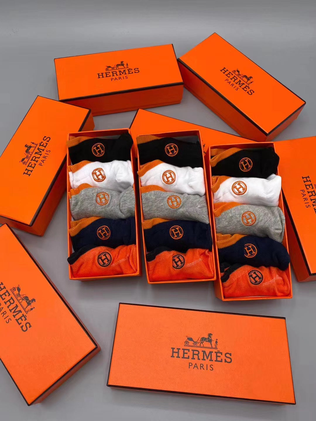 Hermès Orange Navy Grey White Side Mark No-Show Socks, image 8