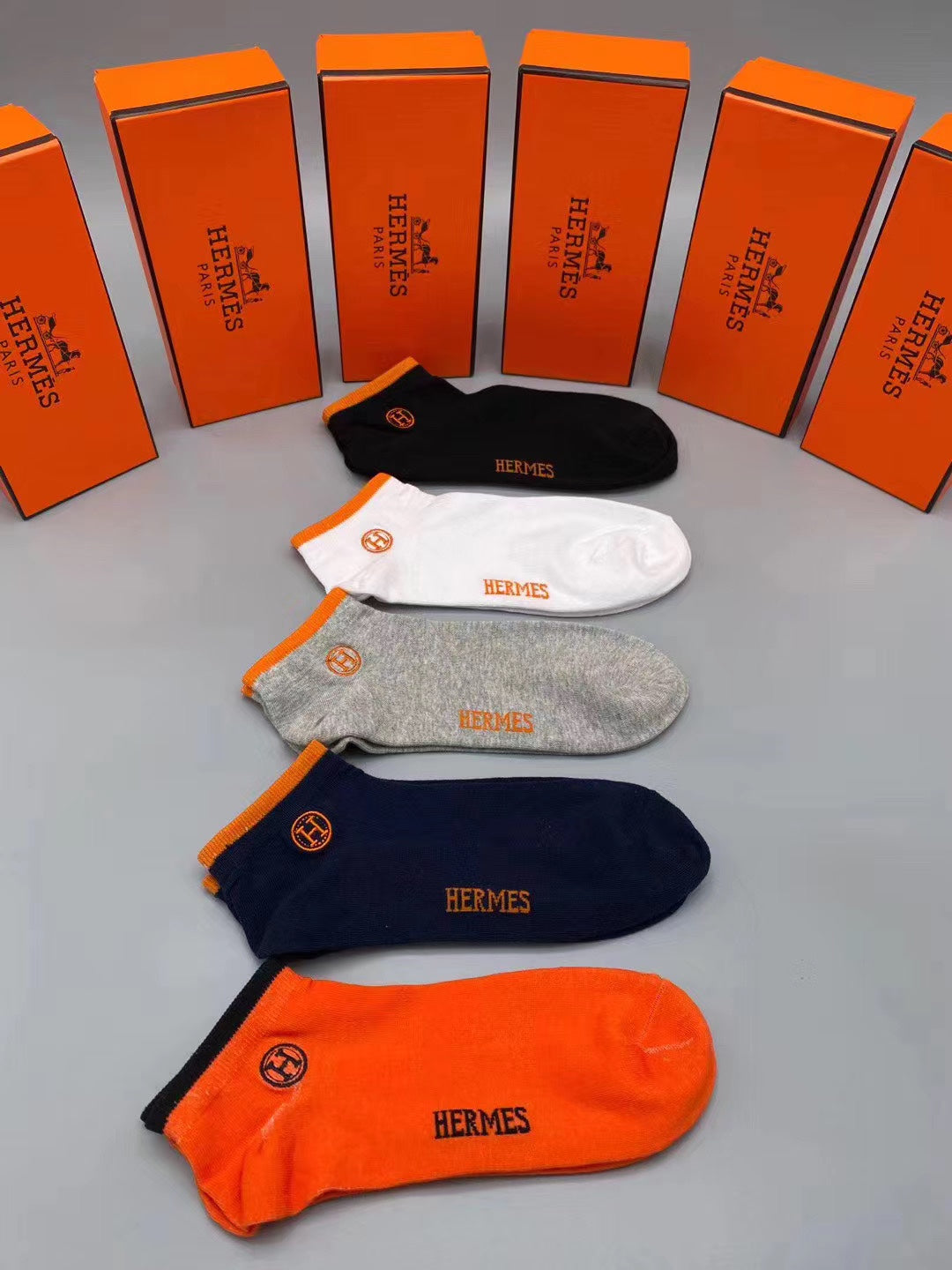 Hermès Orange Navy Grey White Side Mark No-Show Socks, image 1