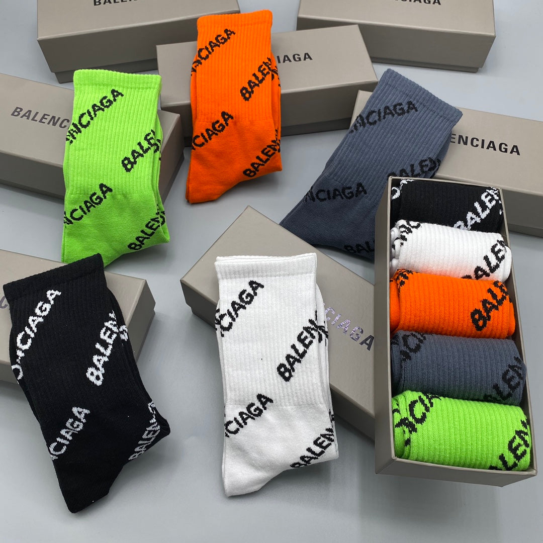 Balenciaga Neon Orange White Diagonal Lettering Crew Socks, image 9