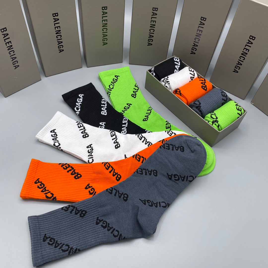 Balenciaga Neon Orange White Diagonal Lettering Crew Socks, image 2