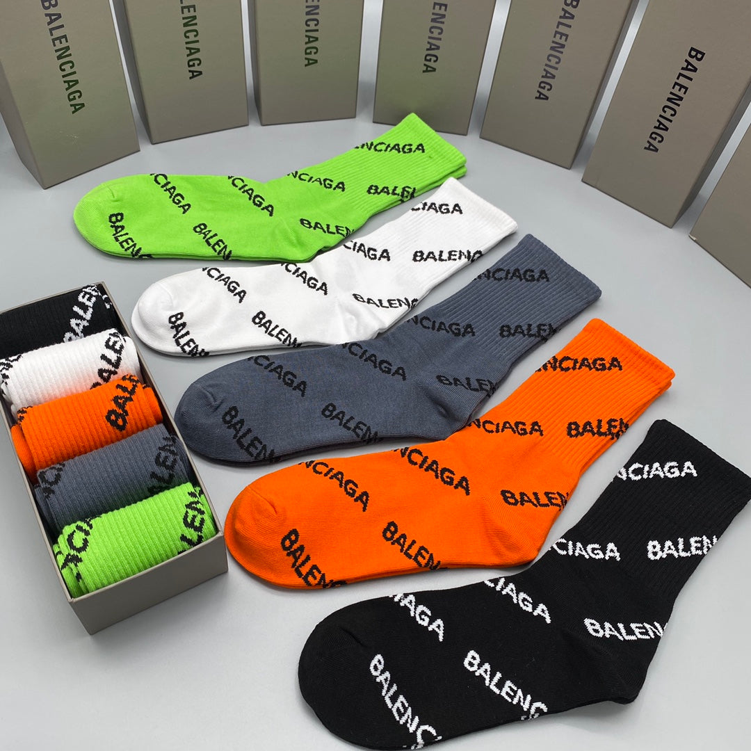 Balenciaga Neon Orange White Diagonal Lettering Crew Socks, image 3