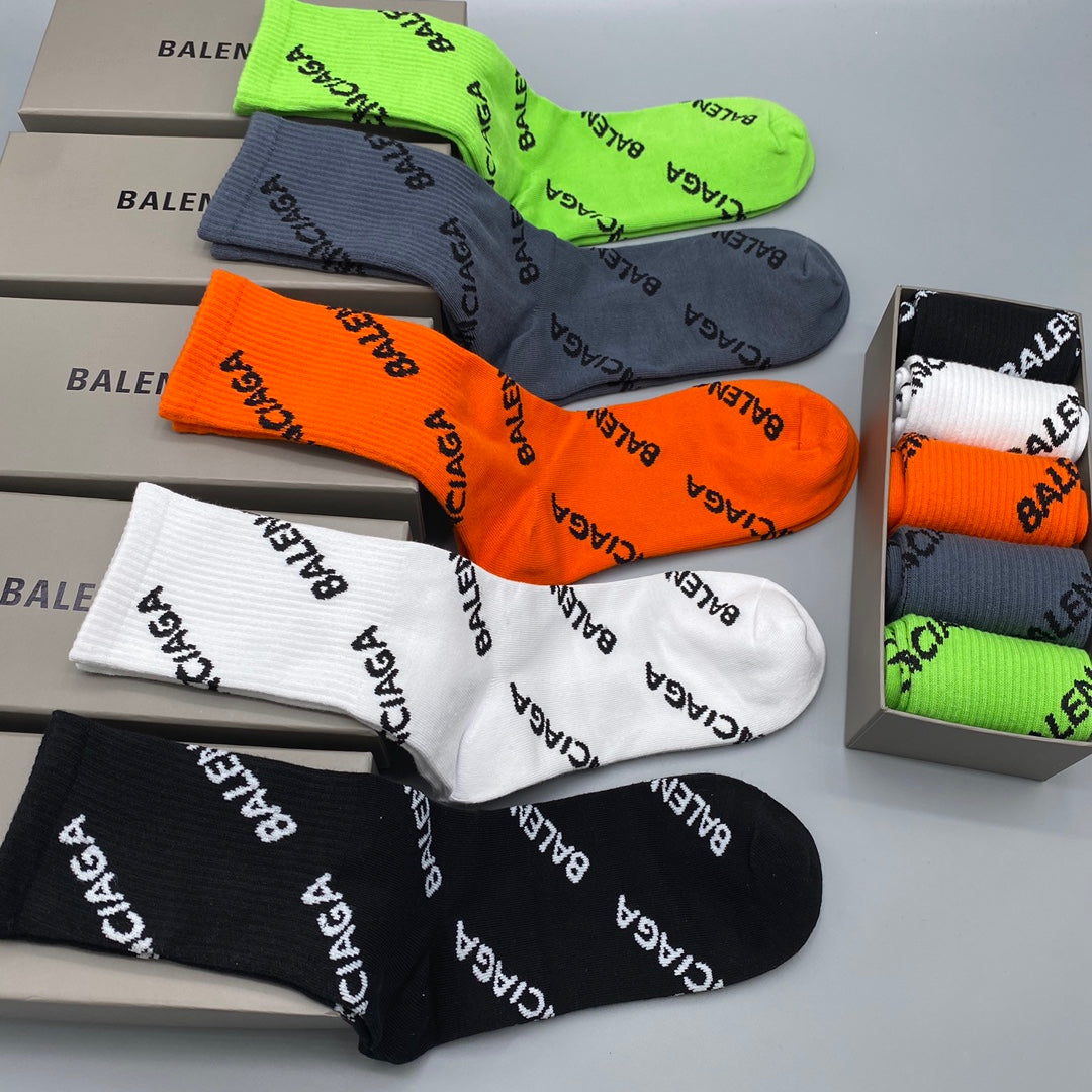 Balenciaga Neon Orange White Diagonal Lettering Crew Socks, image 1
