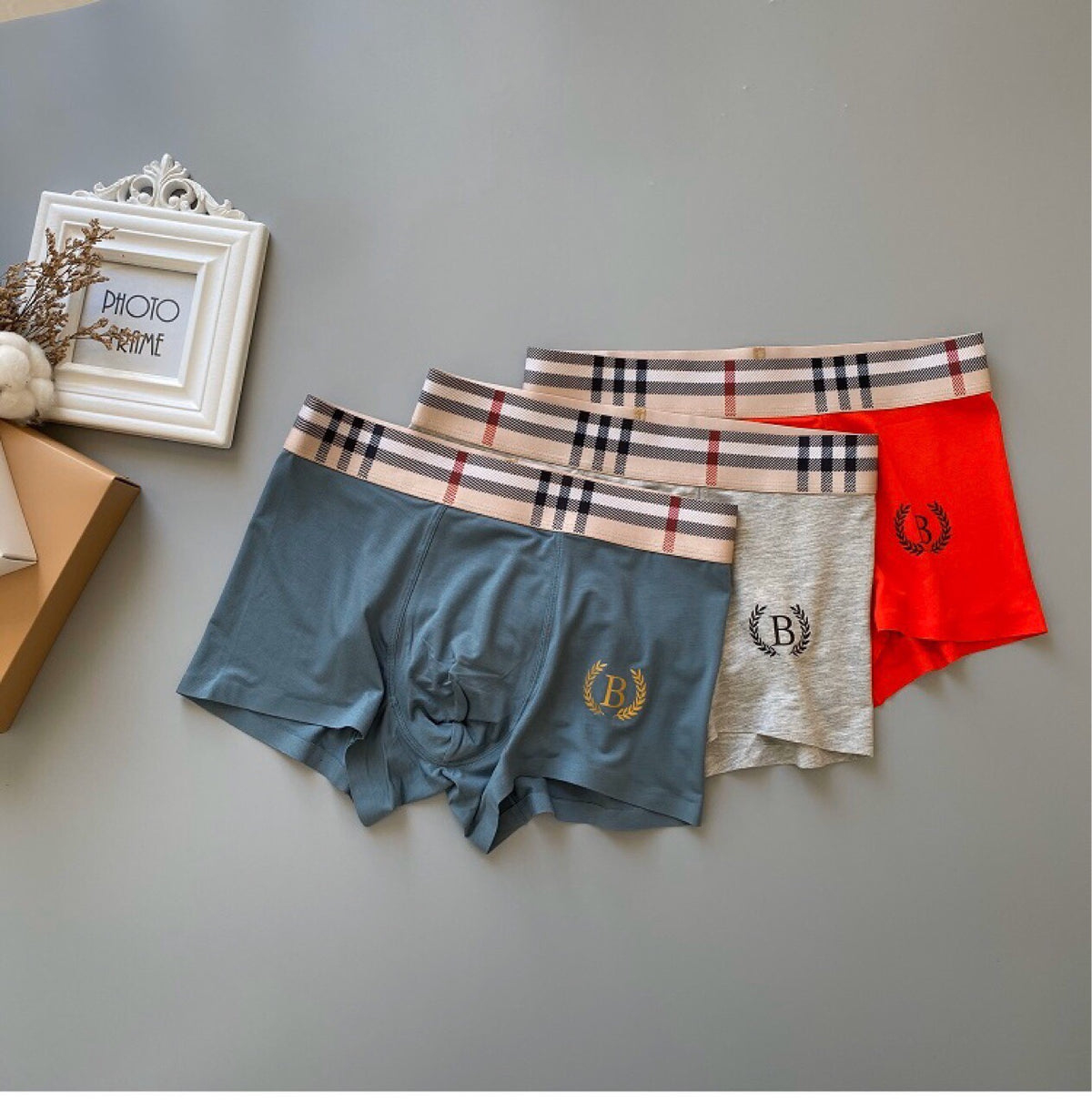 Burberry Blue Grey Red Check Waist Gold Motif Boxer Briefs, image 10