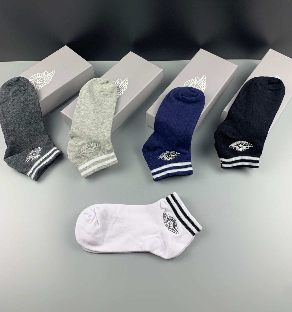 Dior Black Grey White Fine Striped Ankles Ankle Socks, image 5