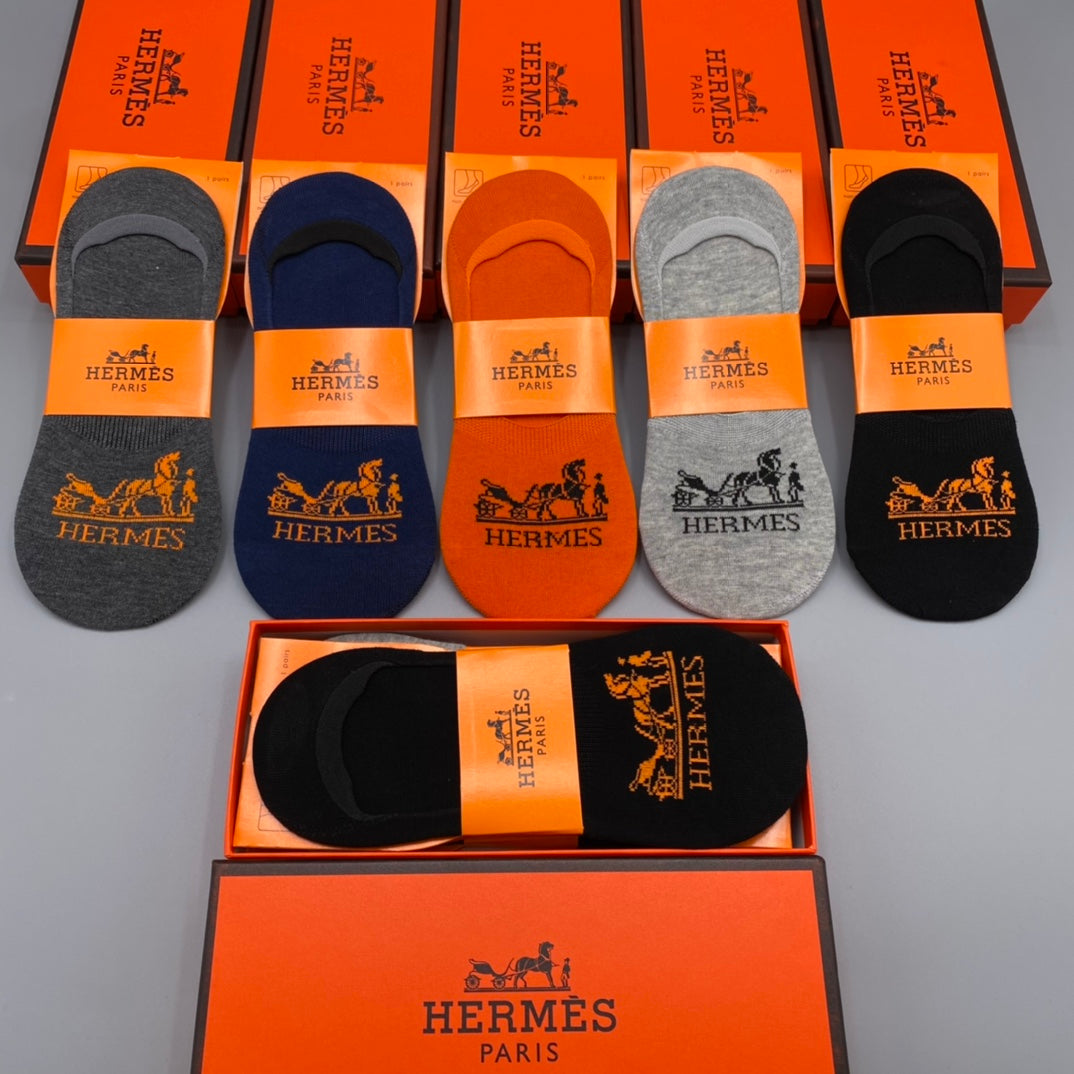 Hermès Neutral Orange Horse Carriage No-Show Socks, image 1