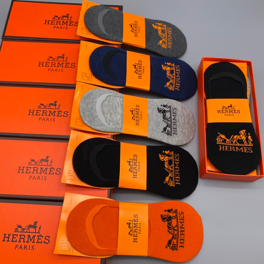 Hermès Neutral Orange Horse Carriage No-Show Socks, image 5