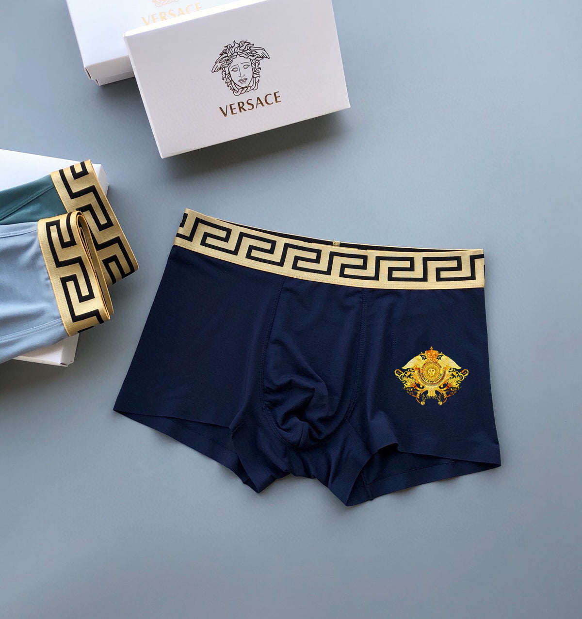 Versace Blue Teal Gold Ornamental Crest Boxer Briefs, image 5