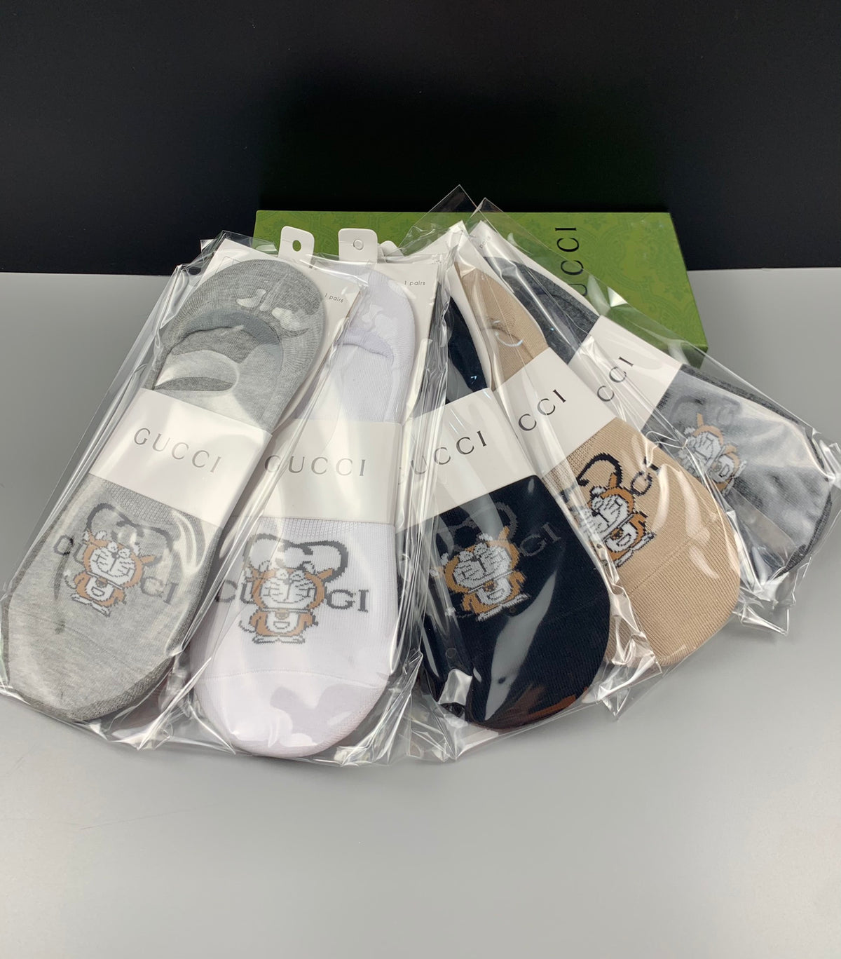 Gucci Grey Cream Packaged Monogram No-Show Socks, image 3